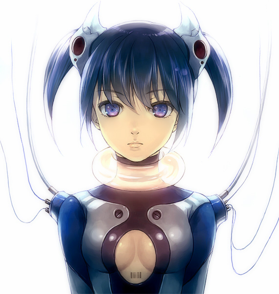 ryou (kimagure), original, charging, bad id, bad pixiv id, 1girl, android, barcode, blue eyes, blue hair, breasts, cable, choker, cleavage, cleavage cutout, clothing cutout, female focus, matching hair/eyes, recharging, short hair, short twintails, solo, twintails, wire