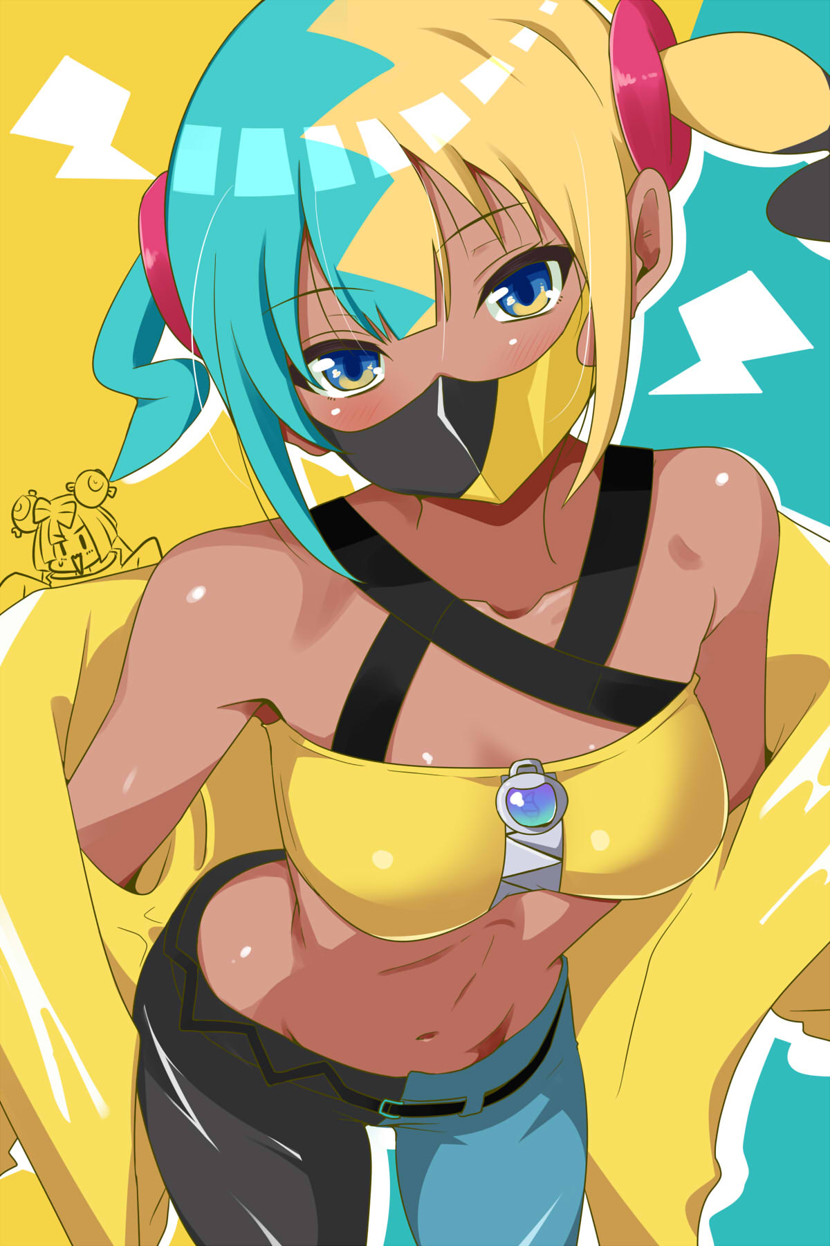 nishi koutarou, canari (pokemon), iono (pokemon), nintendo, pokemon, pokemon legends: z-a, pokemon sv, commentary request, highres, 2girls, bandeau, belt, black belt, blue eyes, collarbone, cowboy shot, jacket, lightning bolt symbol, looking at viewer, mask, mouth mask, multicolored hair, multiple girls, navel, off shoulder, open clothes, open jacket, pants, yellow bandeau, yellow jacket, zipper, zipper pull tab