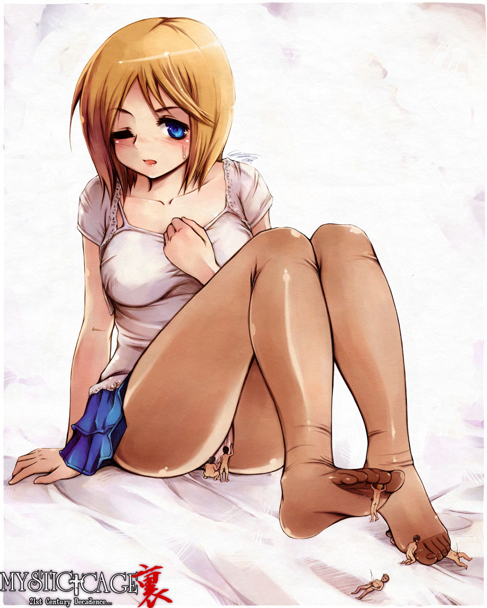 messiah cage, highres, 1girl, blue eyes, blush, brown hair, clothed female nude male, cum, ejaculation, english text, feet, fingering, giant, giantess, hand on another's chest, hand on own chest, male masturbation, masturbation, mini person, miniboy, nude, one eye closed, panties, panties under pantyhose, pantyhose, pantyshot, penis, sitting, skirt, smelling, smelling feet, solo focus, sweatdrop, toes, trample, underwear, upskirt, wink
