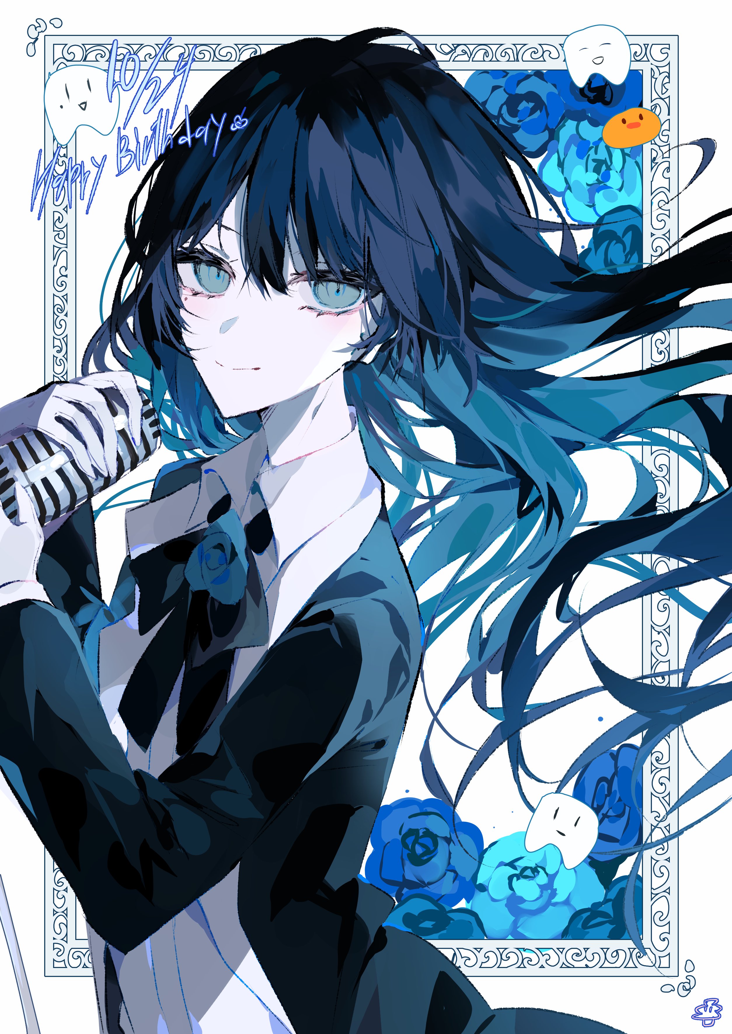 umemaro (siona0908), chando (ado), ado (utaite), absurdres, commentary request, highres, 1girl, black bow, black bowtie, black coat, blue eyes, blue flower, blue hair, blue rose, bow, bowtie, coat, dated, flower, gloves, ha-chan (ado), hair between eyes, happy birthday, holding, holding microphone, looking at viewer, microphone, mole, mole under eye, open clothes, open coat, outside border, rose, shirt, solo, utaite, white gloves, white shirt