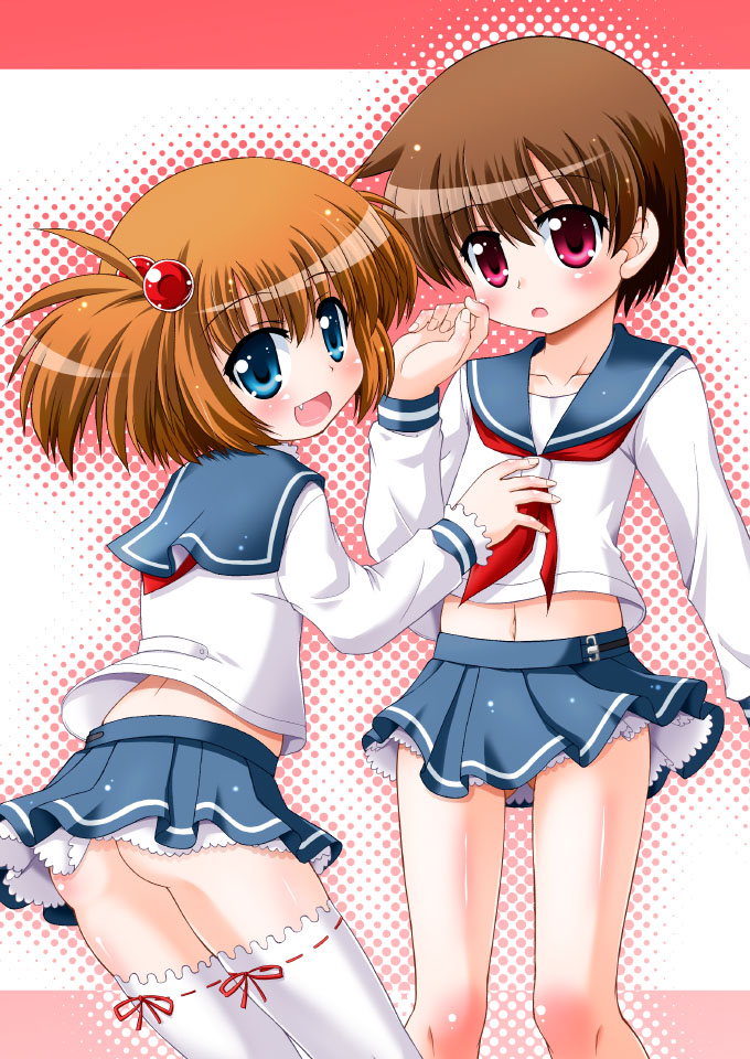 hino hino, kataoka yuuki, miyanaga saki, saki (manga), 00s, 2girls, ass, blue eyes, blush, bow, brown hair, fang, hair bobbles, hair ornament, loli, midriff, miniskirt, multiple girls, navel, no panties, petticoat, red eyes, school uniform, serafuku, short hair, skirt, smile, thighhighs, two side up