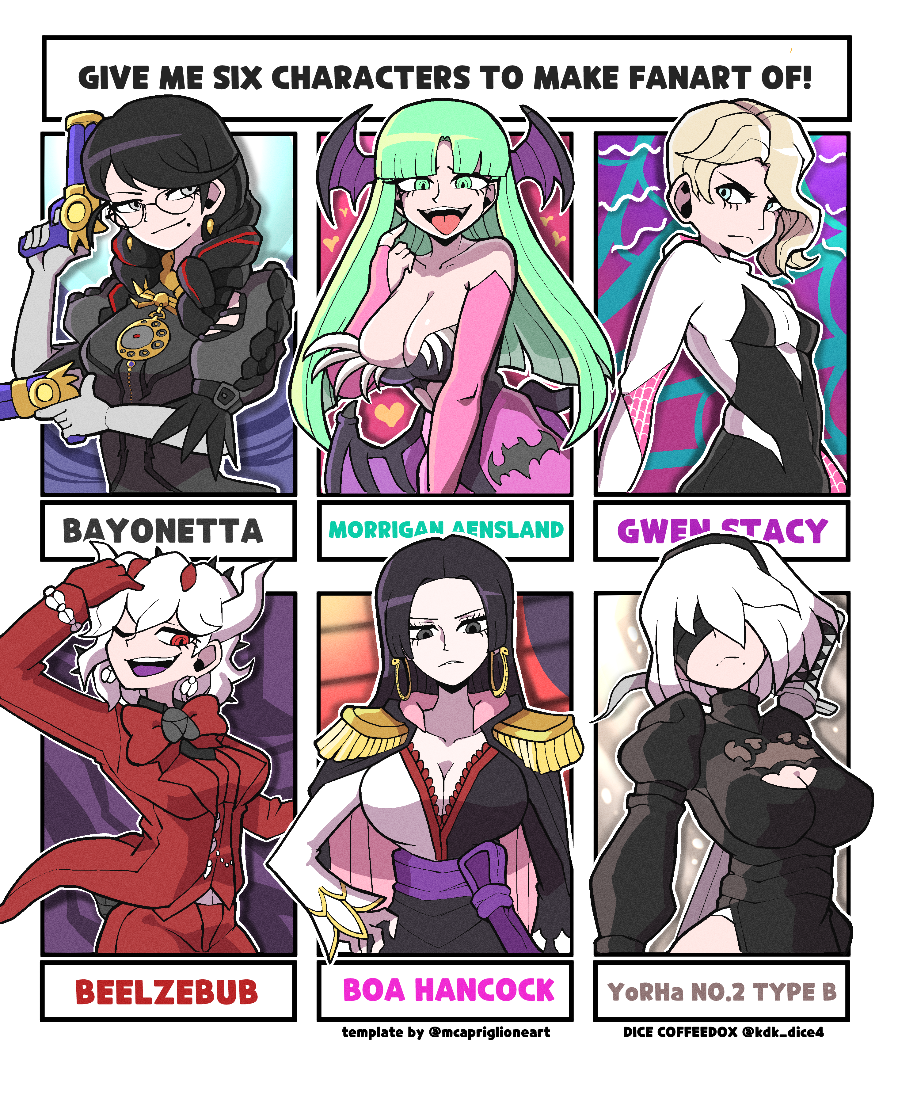 dice coffeedox, 2b (nier:automata), bayonetta, beelzebub (helltaker), boa hancock, morrigan aensland, spider-gwen, darkstalkers, helltaker, marvel, nier (series), one piece, spider-man (series), absurdres, highres, 6+girls, black hair, black leotard, blonde hair, breasts, character name, cleavage, demon girl, demon horns, demon wings, elbow gloves, gloves, green eyes, green hair, gun, head wings, holding, holding gun, holding weapon, horns, leotard, long hair, looking at viewer, mole, mole under mouth, multiple drawing challenge, multiple girls, red eyes, smile, strapless, strapless leotard, weapon, white gloves, white hair, wings