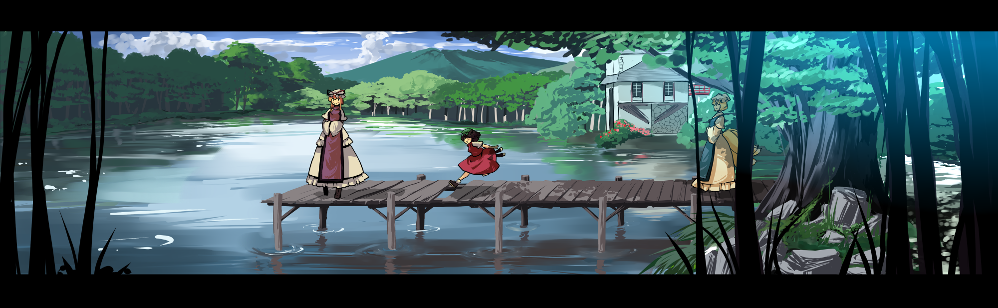garnet, chen, yakumo ran, yakumo yukari, touhou, highres, long image, wide image, 3girls, animal ears, animal hat, blue sky, cat ears, cat girl, cat tail, cloud, cloudy sky, day, female focus, forest, hands in opposite sleeves, hat, house, lake, letterboxed, long sleeves, mob cap, multiple girls, multiple tails, nature, outdoors, pier, scenery, shoes, sky, tail, tree, water, wide sleeves