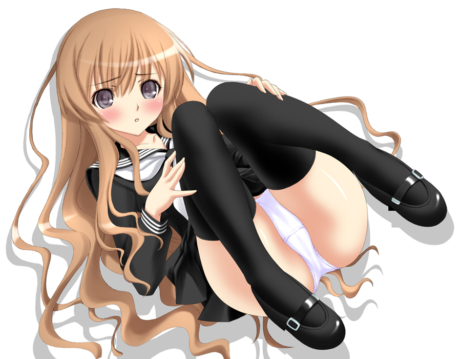 fusataka shikibu, aisaka taiga, toradora!, 00s, 1girl, black eyes, black serafuku, black shoes, black thighhighs, blush, brown eyes, female focus, fusataka, panties, school uniform, serafuku, shoes, skirt, solo, thighhighs, underwear