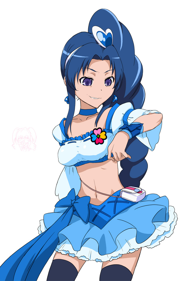 sugoihi, cure berry, kawashima ami, kitamura eri, fresh precure!, precure, toradora!, 1girl, black thighhighs, blue eyes, blue hair, blue skirt, blue theme, color connection, cosplay, cure berry (cosplay), drill hair, earrings, female focus, hair ornament, heart, heart hair ornament, jewelry, magical girl, matching hair/eyes, midriff, side ponytail, skirt, solo, thighhighs, voice actor connection
