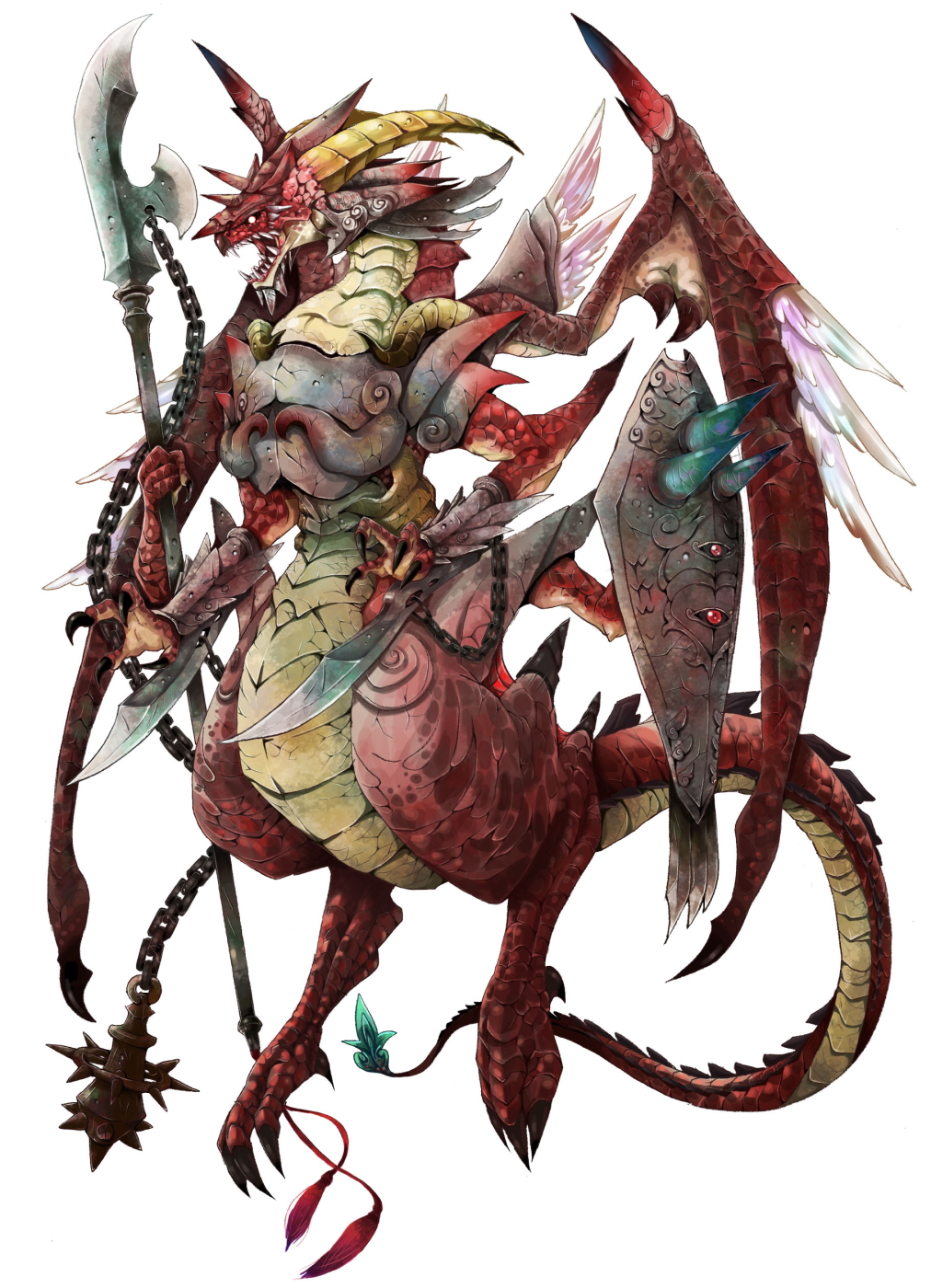 michii yuuki, pixiv fantasia, pixiv fantasia 3, bad id, bad pixiv id, highres, chain, claws, dragon, gigandal federation, halberd, horns, polearm, shield, weapon, wings
