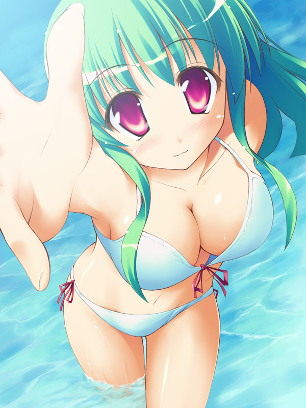 original, artist request, character request, source request, 1girl, bikini, breasts, cleavage, female focus, foreshortening, green hair, large breasts, long hair, navel, outstretched arm, outstretched hand, pink eyes, reaching, red eyes, side-tie bikini bottom, smile, solo, swimsuit, wading, water, wet