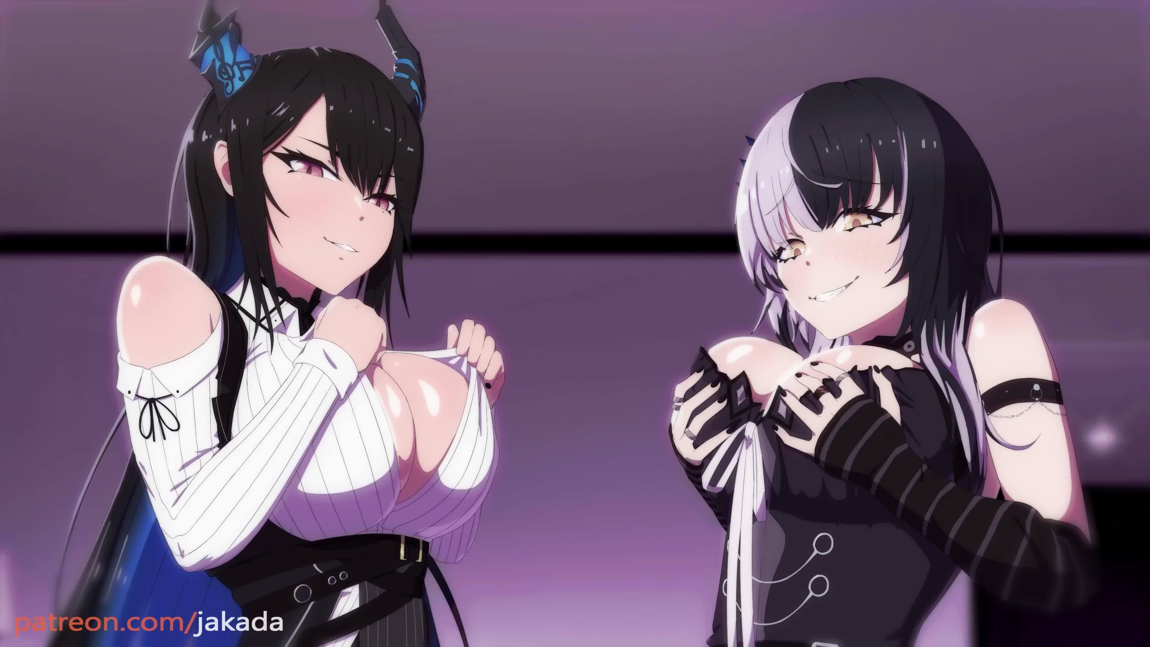 jakada ani, pixiewillow, zerodiamonds (voice actor), nerissa ravencroft, nerissa ravencroft (1st costume), shiori novella, shiori novella (1st costume), hololive, hololive english, absurdres, animated, highres, sound, tagme, third-party edit, video, 2girls, artist name, bare shoulders, black collar, black dress, black gloves, black hair, black nails, black skirt, blue hair, breasts, closed mouth, clothes pull, clothing cutout, collar, colored inner hair, dress, dress pull, elbow gloves, eyelashes, female focus, fingerless gloves, fingernails, from below, gloves, goth fashion, grey hair, grin, high-waist skirt, horns, indoors, large breasts, long hair, long sleeves, looking at viewer, looking down, multicolored hair, multiple girls, nail polish, naughty face, no bra, open clothes, pink eyes, pov, pulling own clothes, shirt, shoulder cutout, skirt, smile, split-color hair, strapless, strapless dress, striped clothes, striped gloves, teeth, tongue, tongue out, two-tone hair, upper body, virtual youtuber, yellow eyes