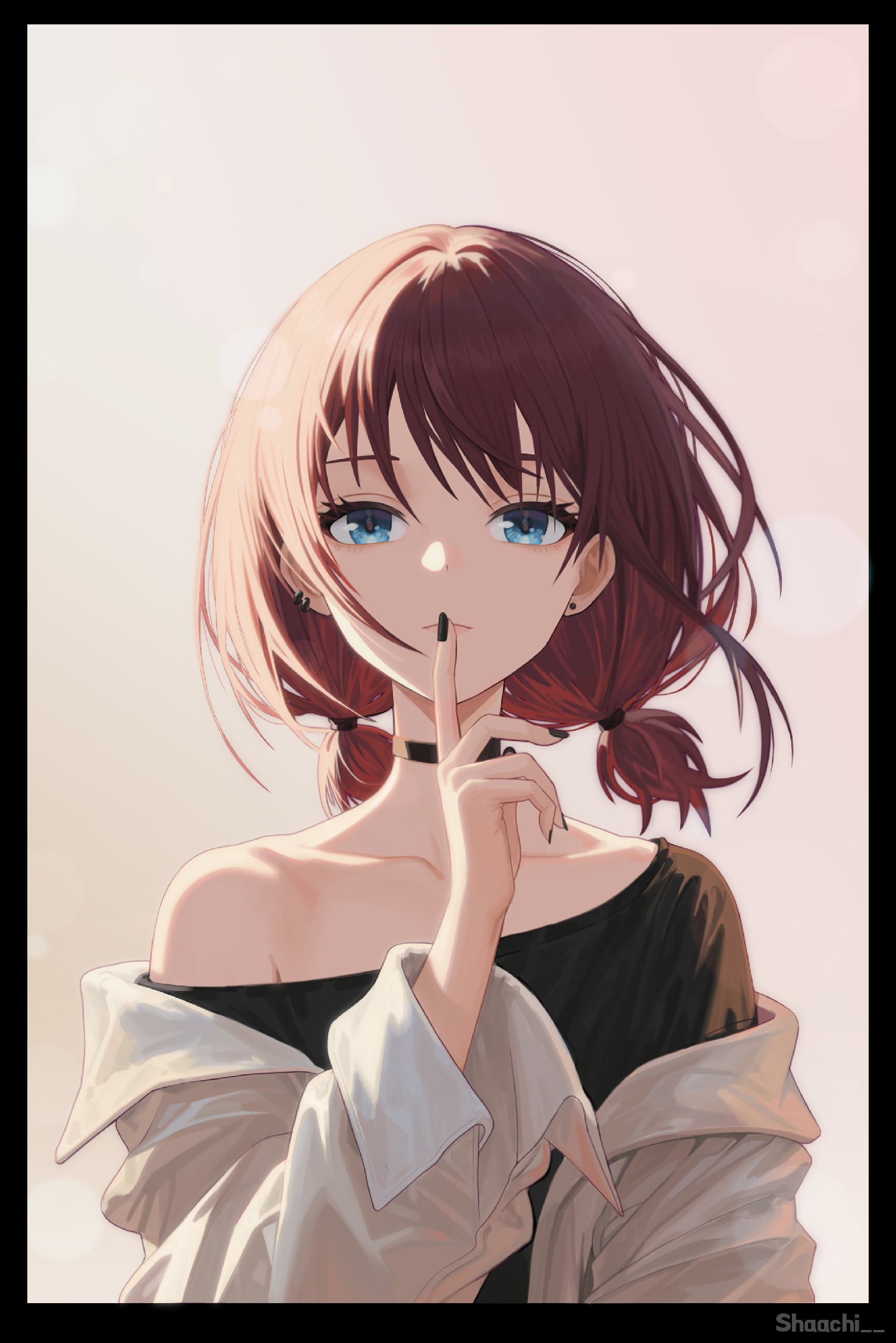 shaachi, iseri nina, girls band cry, bilingual commentary, commentary, highres, mixed-language commentary, 1girl, black border, black nails, black shirt, blue eyes, border, brown hair, collarbone, index finger raised, jacket, looking at viewer, low twintails, nail polish, shirt, short hair, short twintails, single off shoulder, solo, twintails, upper body, white jacket