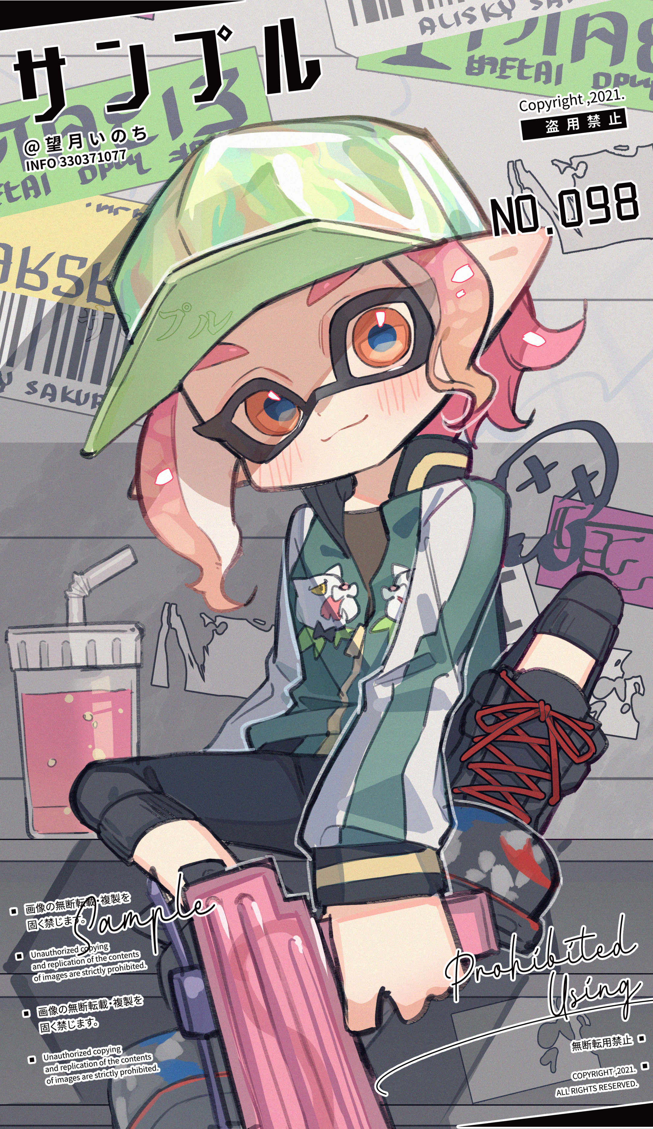 mochizuki inochi, inkling girl, inkling player character, nintendo, splatoon (series), absurdres, highres, 1girl, artist name, black boots, black pants, blush, boots, closed mouth, cup, disposable cup, full body, green hat, green jacket, grey background, hat, inkling, jacket, lace-up boots, long sleeves, looking at viewer, orange eyes, pants, pink hair, pointy ears, sample watermark, short hair, sitting, skateboard, smile, solo, splattershot jr. (splatoon), tentacle hair, thick eyebrows, watermark