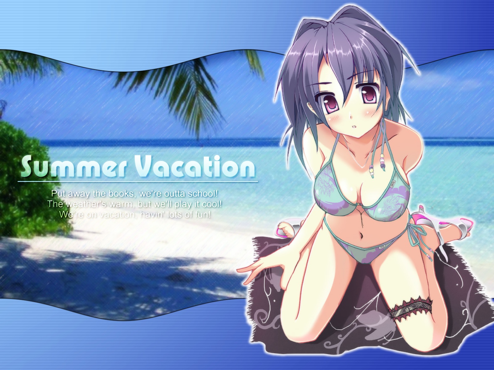 ayase hikaru, highres, non-web source, 1girl, beach, bikini, day, english text, female focus, kneeling, purple hair, red eyes, sandals, short hair, solo, swimsuit