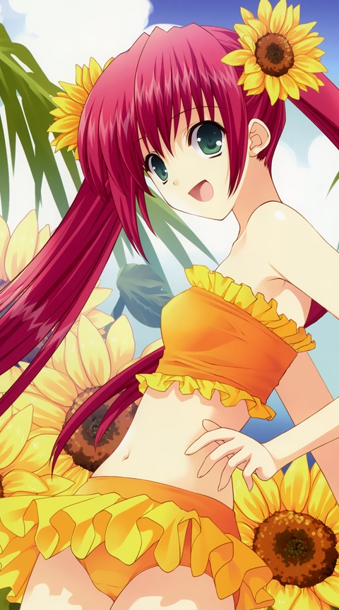suzuhira hiro, non-web source, bikini, day, flower, green eyes, hair flower, hair ornament, long hair, midriff, red hair, sunflower, swimsuit, twintails