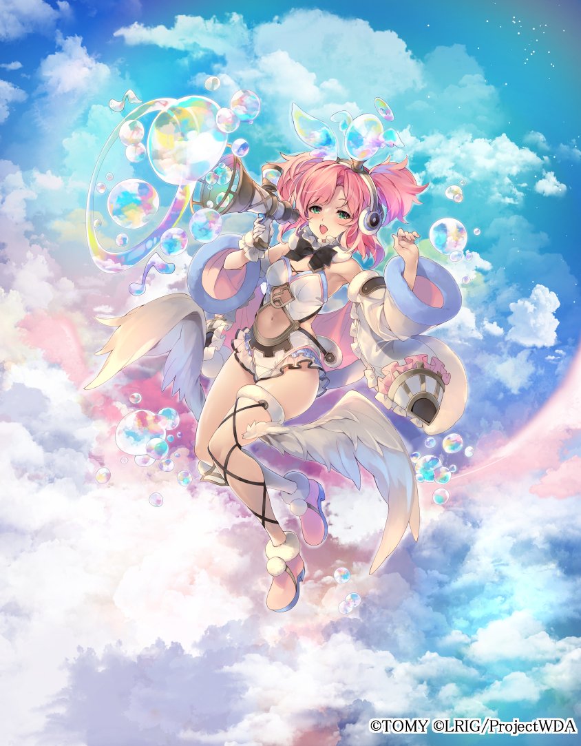 mayusaki yuu, tawil (wixoss), wixoss, official art, 1girl, armpits, black bow, black bowtie, bow, bowtie, bubble, copyright notice, detached sleeves, eighth note, feathered wings, fur-trimmed shoes, gloves, gradient sky, headphones, holding, holding megaphone, leg wings, leotard, medium hair, megaphone, musical note, navel, open mouth, pink hair, pink shoes, shoes, sky, solo, two side up, white gloves, white leotard, white wings, wings