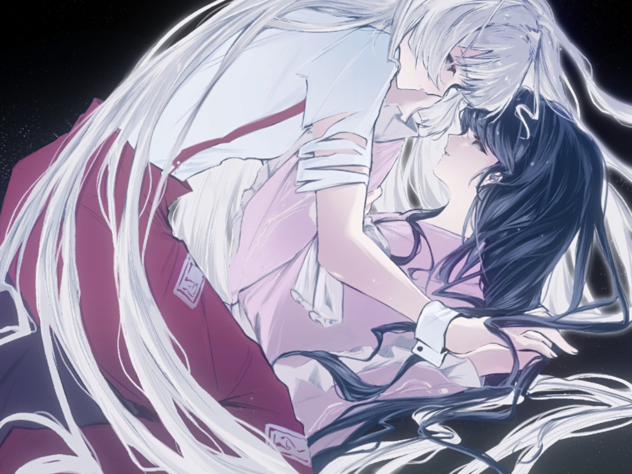 fujiwara no mokou, houraisan kaguya, touhou, commentary, hashtag-only commentary, highres, 2girls, alulue1, black background, black hair, eye contact, hand on another's face, holding hands, long hair, looking at another, multiple girls, pants, parted lips, pink shirt, red pants, shirt, smile, straddling, suspenders, white hair, white shirt, wrist cuffs, yuri
