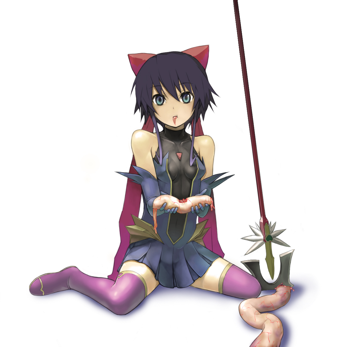 uturo, kagano ai, mahou shoujo ai, highres, 00s, 1girl, boots, bow, breasts, cleavage, eating, elbow gloves, female focus, gloves, guro, hair bow, kneeling, polearm, sitting, skirt, small breasts, solo, spear, tentacles, thighhighs, weapon, zettai ryouiki