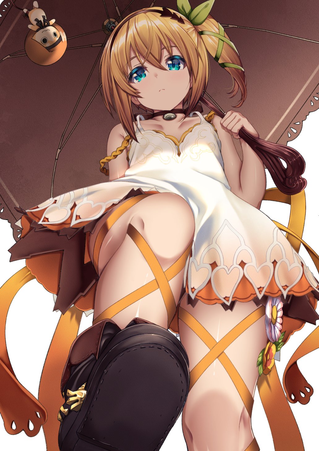 mad (hazukiken), edna (tales), tales of (series), highres, 1girl, black choker, blonde hair, blue eyes, choker, closed mouth, dress, flower, from below, green ribbon, hair ribbon, holding, holding umbrella, leg ribbon, looking at viewer, looking down, ribbon, shoe soles, short hair, side ponytail, solo, stepped on, umbrella, white background, white dress