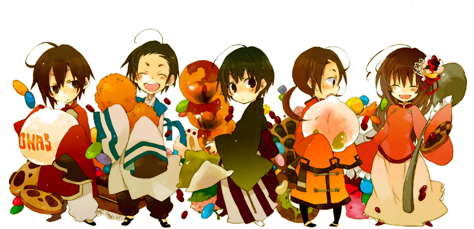 harikamo, china (hetalia), hong kong (hetalia), japan (hetalia), korea (hetalia), taiwan (hetalia), axis powers hetalia, bad id, bad pixiv id, 00s, 1girl, 4boys, changpao, checkerboard cookie, chibi, chinese clothes, cookie, dango, food, hakama, hakama skirt, hanbok, japanese clothes, korean clothes, multiple boys, skirt, wagashi