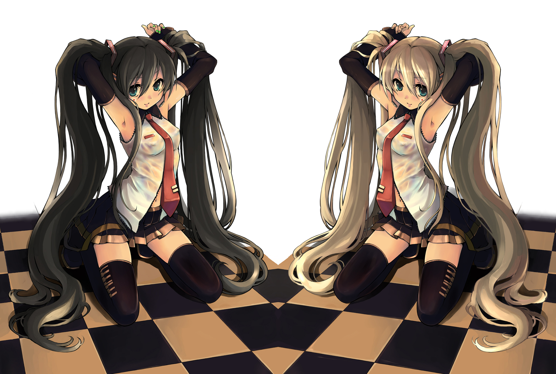 ginta, moriya, akita neru, hatsune miku, zatsune miku, vocaloid, colorized, highres, 1girl, aqua eyes, arm warmers, armpits, black hair, blonde hair, checkered floor, detached sleeves, hair ornament, long hair, miniskirt, necktie, open clothes, open shirt, perspective, see-through clothes, shirt, skirt, sleeves past wrists, smile, symmetry, thighhighs, twintails, very long hair