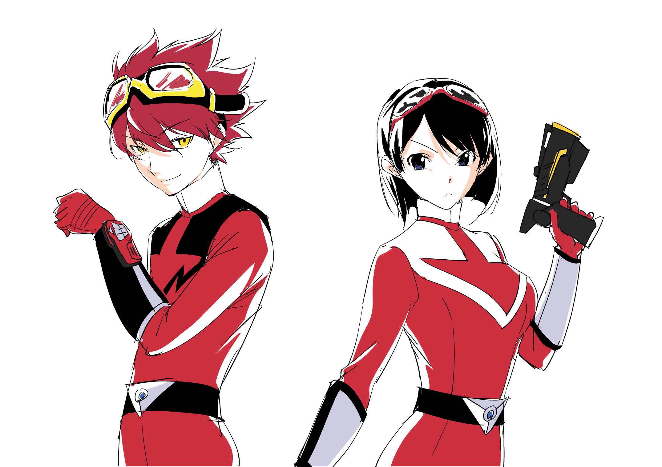 angrynerd c, time red, yuuki dan, yuuki kanan, digimon, digimon story: time stranger, mirai sentai timeranger, super sentai, highres, 1boy, 1girl, black eyes, black hair, bodysuit, breasts, brown hair, goggles, goggles on head, gun, holding, holding gun, holding weapon, red bodysuit, simple background, time fire, upper body, weapon, white background, yellow eyes
