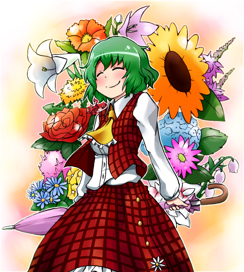 kari (karinimooreha), kazami yuuka, touhou, 1girl, ascot, closed eyes, closed umbrella, female focus, flower, green hair, hydrangea, lily (flower), lily of the valley, plaid clothes, plaid skirt, plaid vest, short hair, skirt, skirt set, smile, solo, sunflower, umbrella, vest