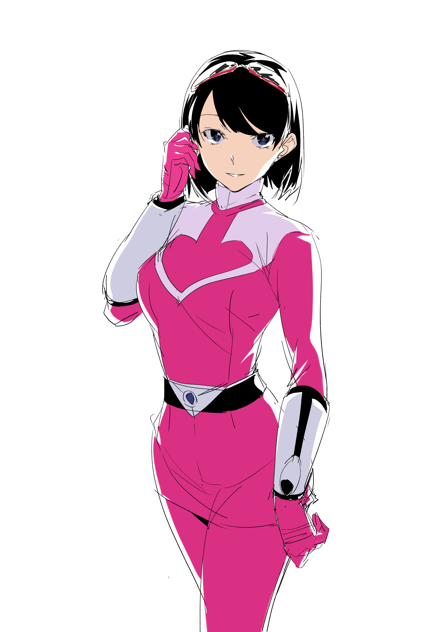 angrynerd c, time pink, yuuki kanan, digimon, digimon story: time stranger, mirai sentai timeranger, super sentai, highres, 1girl, black eyes, black hair, bodysuit, breasts, cowboy shot, goggles, goggles on head, medium breasts, pink bodysuit, pink skirt, short hair, simple background, skirt, solo, white background