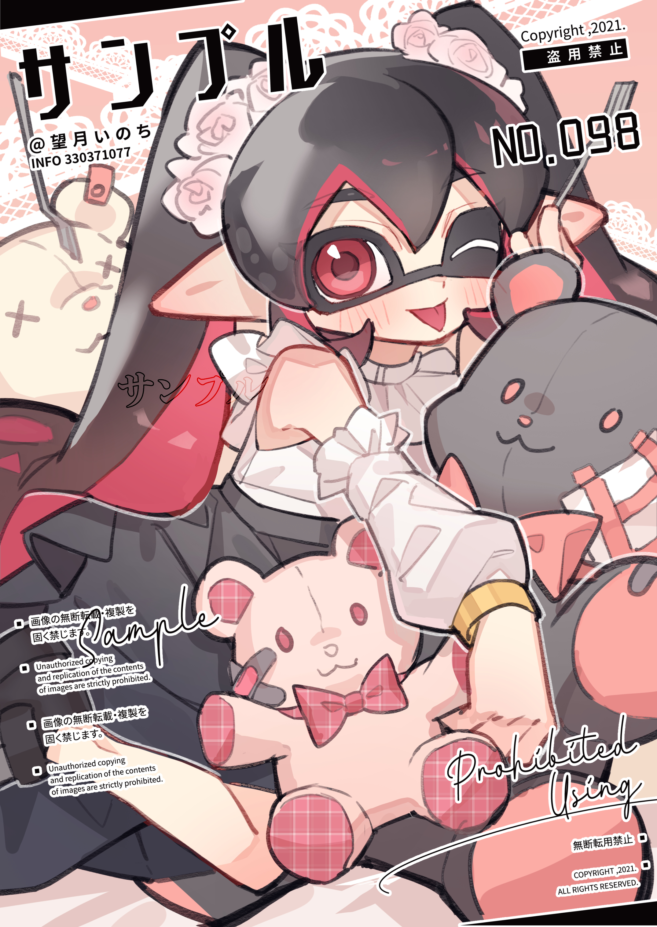 mochizuki inochi, inkling girl, inkling player character, nintendo, splatoon (series), absurdres, highres, 1girl, ;p, artist name, bare shoulders, black hair, black shoes, black skirt, blush, closed mouth, detached sleeves, double-parted bangs, feet out of frame, fork, hair between eyes, holding, holding fork, inkling, long hair, long sleeves, looking at viewer, multicolored hair, one eye closed, pointy ears, red eyes, red hair, sample watermark, shirt, shoes, skirt, sleeveless, sleeveless shirt, smile, solo, stuffed animal, stuffed toy, teddy bear, tentacle hair, tongue, tongue out, twintails, two-tone hair, watermark, white shirt, white sleeves