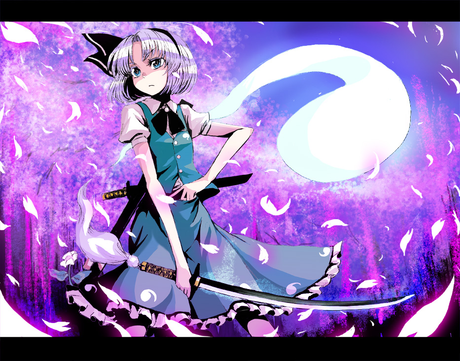 kumadano, konpaku youmu, konpaku youmu (ghost), touhou, silver hair, 1girl, blue eyes, bob cut, female focus, glowing, hairband, hitodama, katana, letterboxed, petals, purple theme, serious, solo, sword, weapon