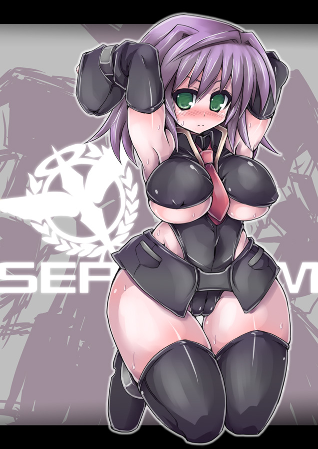 rakuma kanori, seraphim gundam, gundam, gundam 00, 00s, 1girl, armpits, breasts, cameltoe, covered erect nipples, curvy, female focus, green eyes, hip focus, large breasts, leotard, mecha musume, pink hair, skin tight, solo, sweat, thighhighs, underboob, wide hips