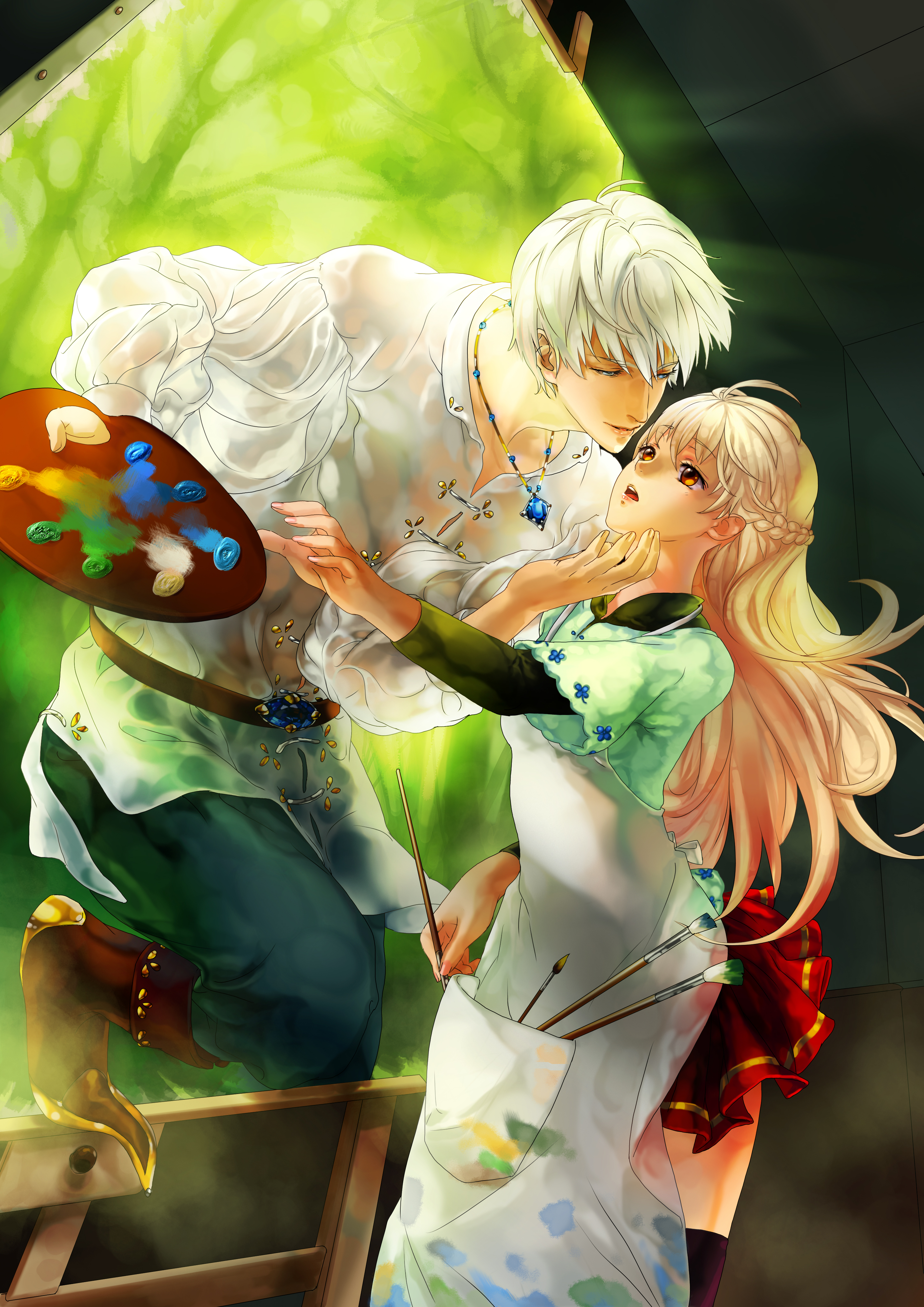 jane mere, galatea, galatea (mythology), pygmalion, pygmalion (mythology), claymore (series), mythology, absurdres, highres, 00s, 1boy, 1girl, apron, art brush, blonde hair, genderswap, genderswap (ftm), genderswap (mtf), hetero, kiss, long hair, paint palette, paintbrush, red eyes, skirt, thighhighs, zettai ryouiki