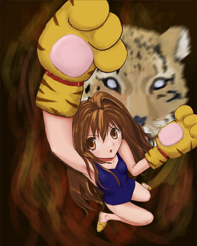 gyo (independant), aisaka taiga, toradora!, bad id, bad pixiv id, 00s, animal hands, brown eyes, brown hair, leopard, long hair, one-piece swimsuit, slippers, solo, swimsuit, tiger paws