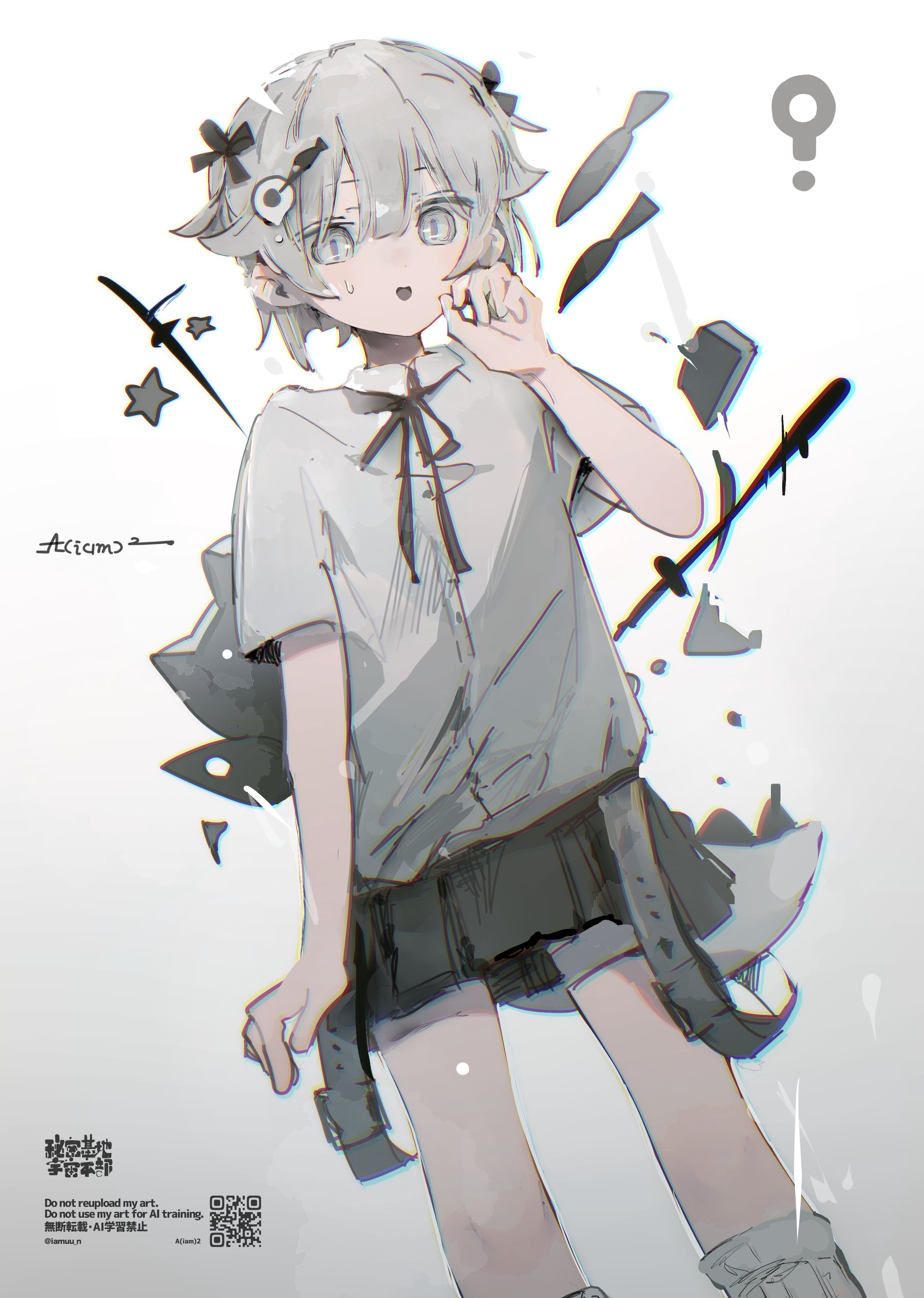 aiamu iamu, original, absurdres, highres, 1girl, :o, backpack, bag, black ribbon, black skirt, chromatic aberration, collared shirt, cowboy shot, grey background, grey eyes, grey hair, hair ornament, hand up, looking at viewer, neck ribbon, open mouth, pleated skirt, ribbon, shirt, short hair, short sleeves, skirt, solo, star (symbol), sweatdrop, tail, white shirt