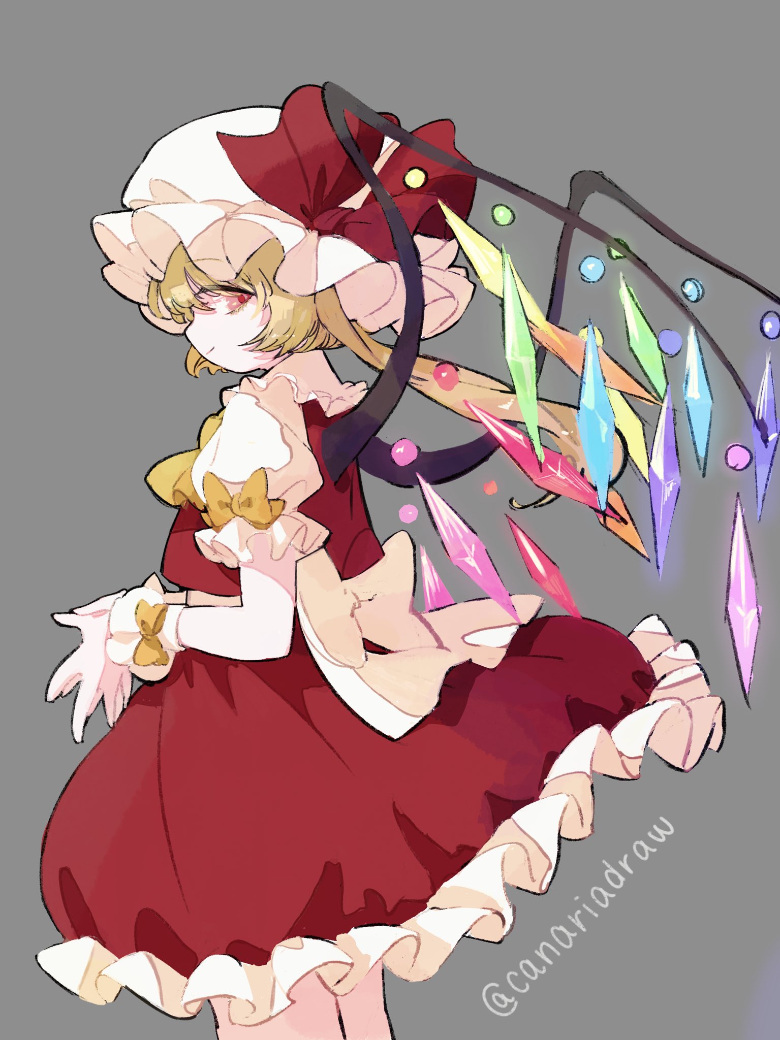 canariadraw, flandre scarlet, touhou, commentary, highres, 1girl, ascot, blonde hair, bow, cowboy shot, frilled shirt collar, frilled skirt, frilled sleeves, frills, from side, grey background, hat, hat bow, long hair, looking back, mob cap, own hands together, profile, red eyes, short sleeves, side ponytail, skirt, skirt set, sleeve bow, solo, twitter username, wings, wrist cuffs