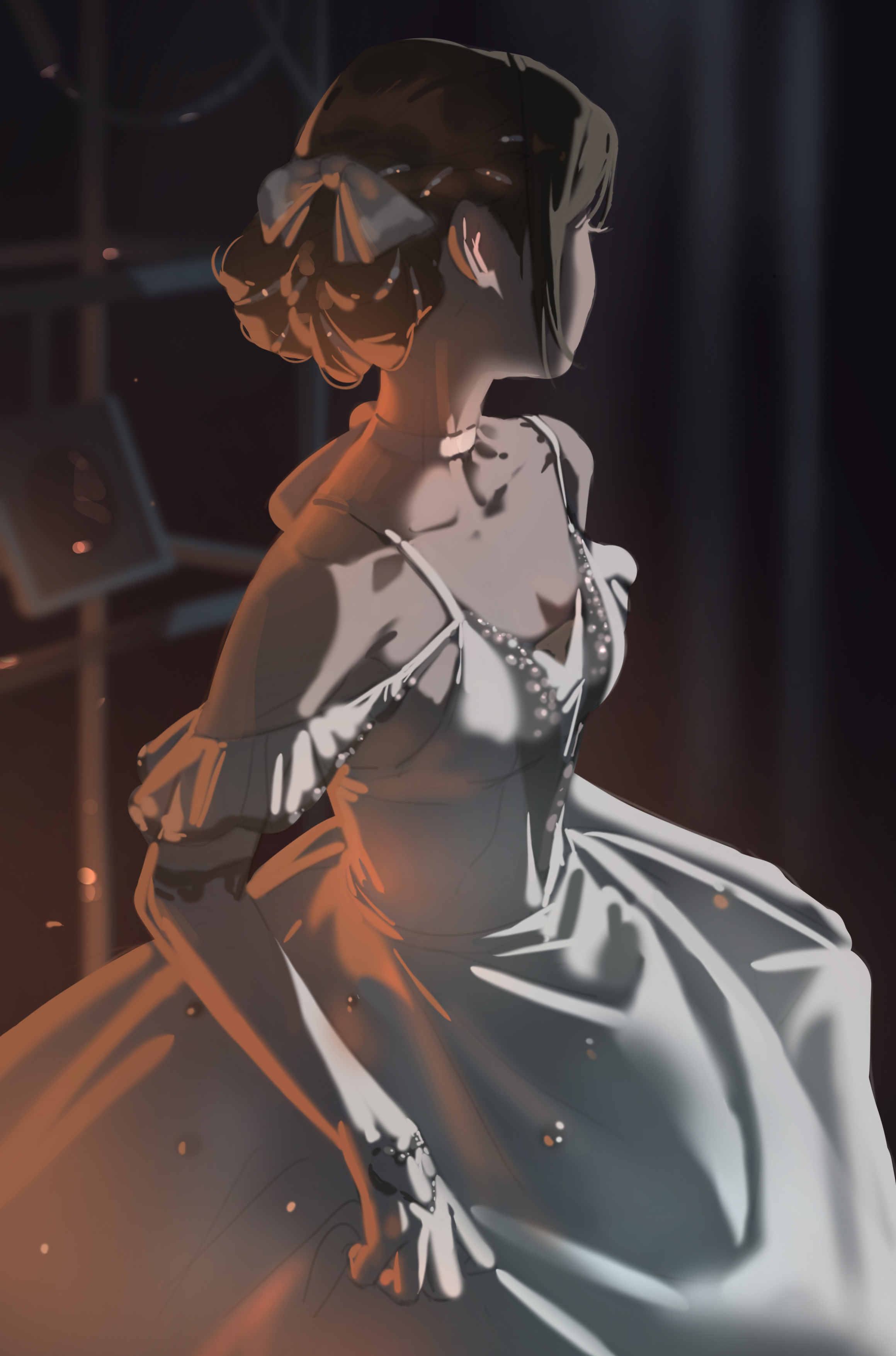 bangsom, original, absurdres, highres, 1girl, breasts, brown hair, cleavage, collar, collarbone, dress, elbow gloves, gloves, hair ribbon, long sidelocks, ribbon, sidelocks, small breasts, white dress
