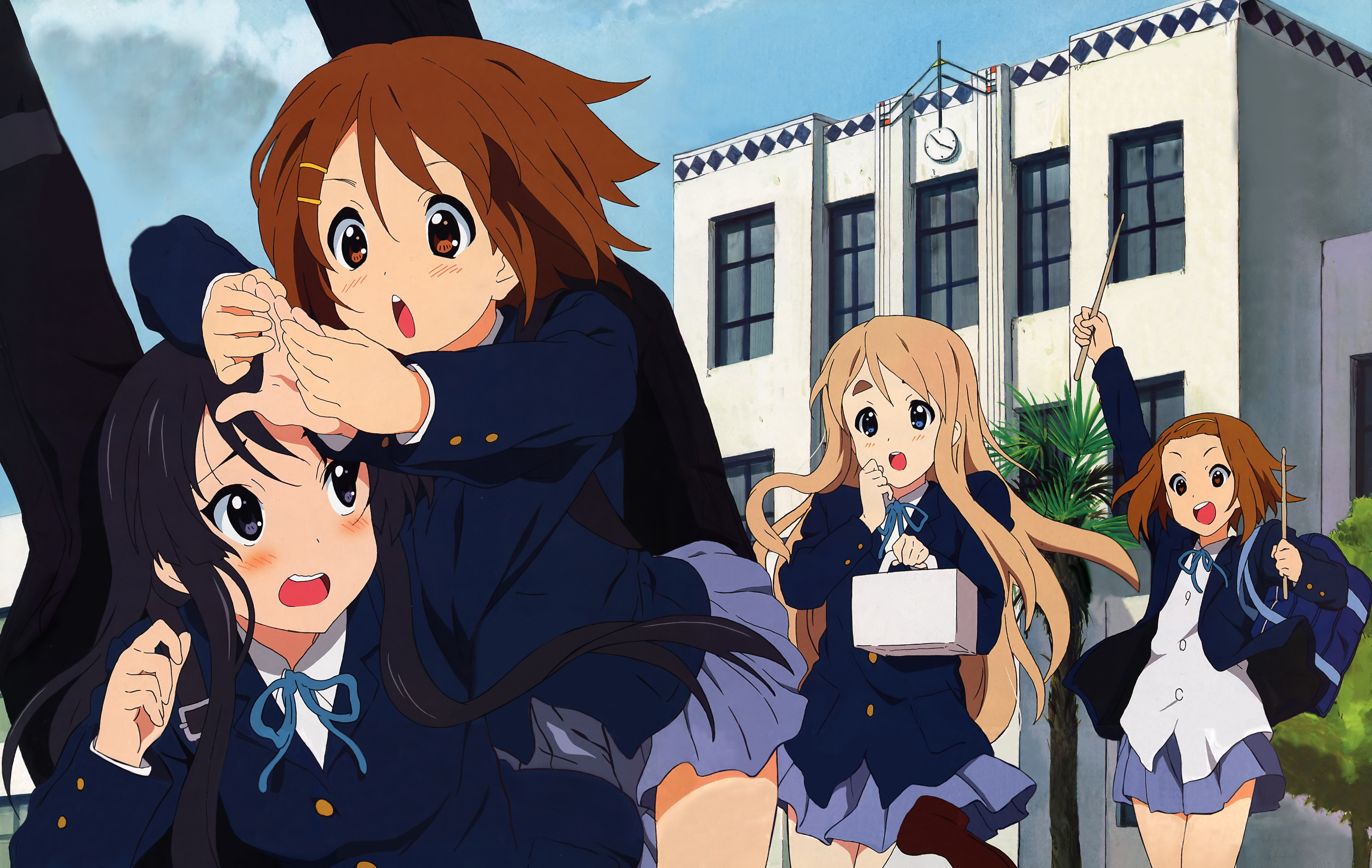 akitake seiichi, akiyama mio, hirasawa yui, kotobuki tsumugi, tainaka ritsu, k-on!, absurdres, highres, 00s, 4girls, blunt bangs, blush, hime cut, ho-kago tea time, multiple girls, pantyhose, school uniform