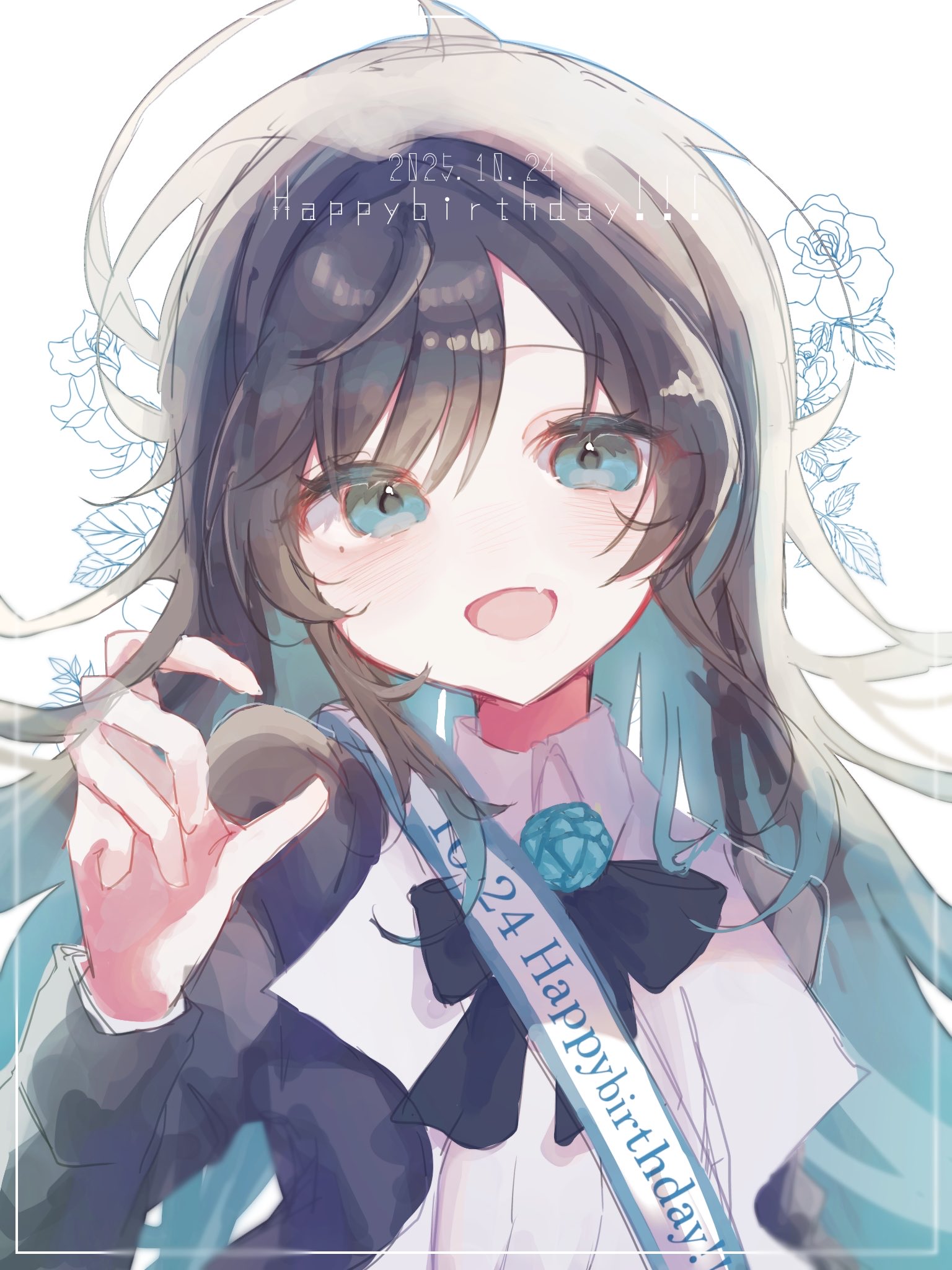 tinaaa 1114, chando (ado), ado (utaite), commentary, highres, 1girl, birthday sash, black bow, black bowtie, black coat, black hair, blue eyes, blue hair, blush, bow, bowtie, coat, colored inner hair, dated, fang, happy birthday, long hair, long sleeves, looking at viewer, mole, mole under eye, multicolored hair, open clothes, open coat, open mouth, shirt, skin fang, solo, utaite, white shirt