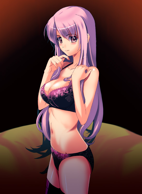 hiro takase, takase hiro, original, 1girl, blush, bra, breasts, female focus, lingerie, long hair, panties, purple eyes, purple hair, solo, underwear, underwear only