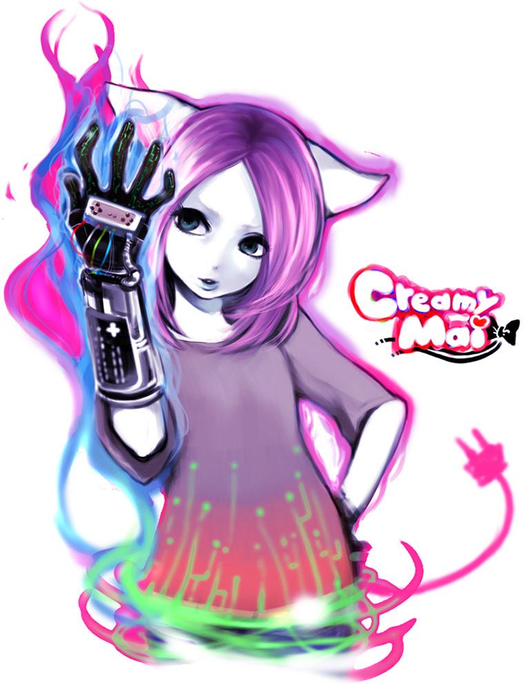 yokoyari mengo, nintendo, bad id, bad pixiv id, 1girl, animal ears, cat ears, female focus, hand on own hip, hip focus, pink hair, power glove, solo