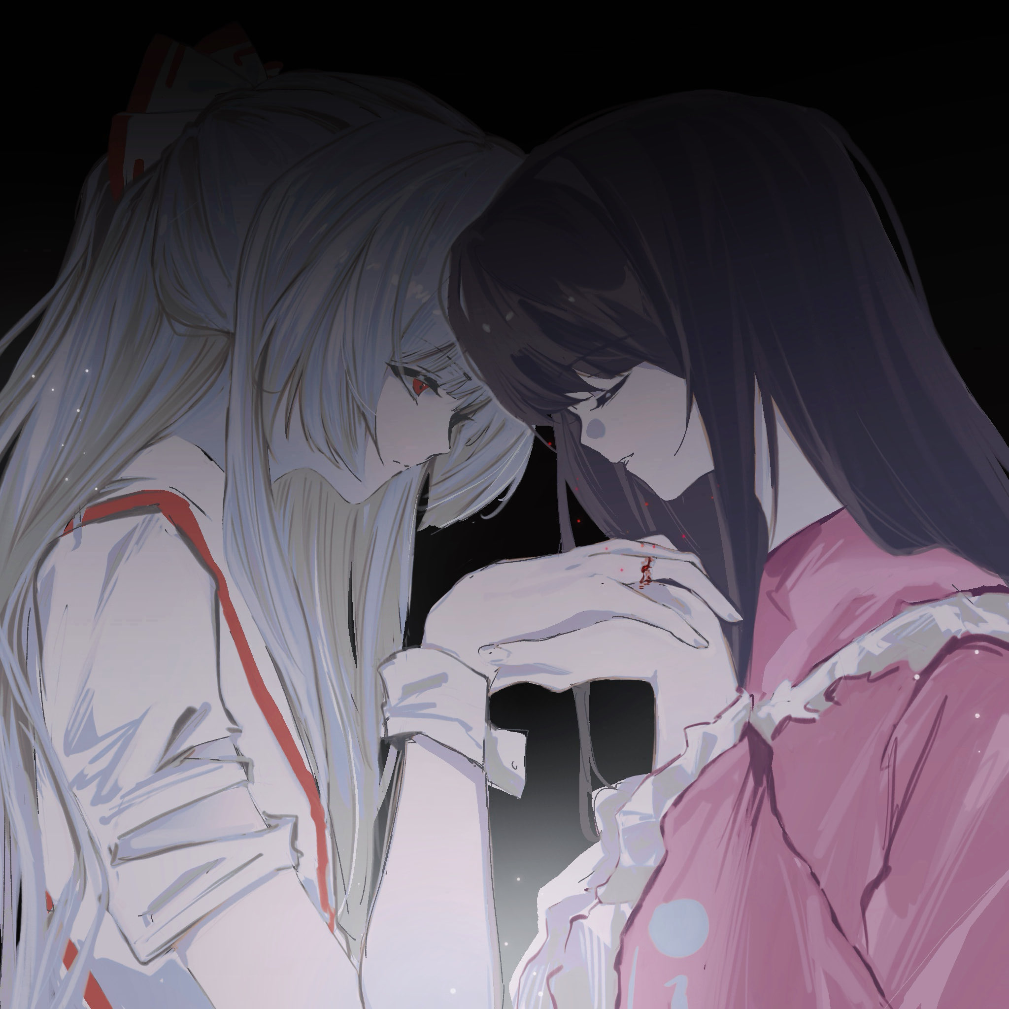 fujiwara no mokou, houraisan kaguya, touhou, commentary, hashtag-only commentary, highres, 2girls, alulue1, black hair, blood, closed eyes, closed mouth, holding hands, injury, light particles, long hair, multiple girls, parted lips, pink shirt, red eyes, shirt, white hair, white shirt, wrist cuffs, yuri