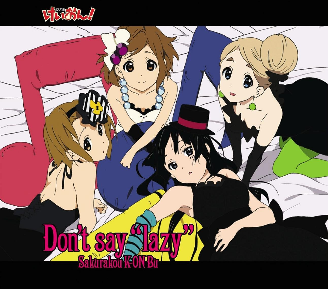 akitake seiichi, akiyama mio, hirasawa yui, kotobuki tsumugi, tainaka ritsu, don't say "lazy", k-on!, 00s, 4girls, blunt bangs, green pantyhose, hair bun, hat, hime cut, ho-kago tea time, mini hat, mini top hat, multiple girls, pantyhose, single hair bun, top hat