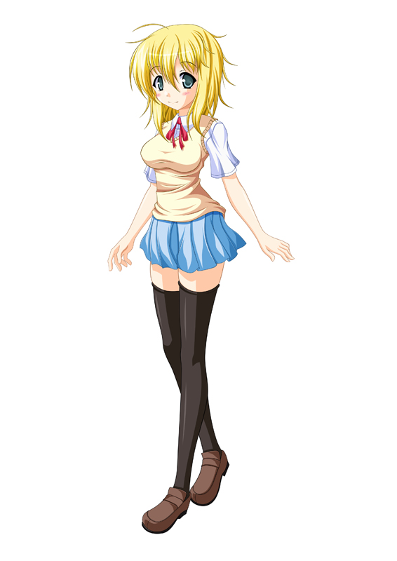 yukimura, yukimura1130, original, bad id, bad pixiv id, 1girl, black thighhighs, blonde hair, blush, breasts, female focus, full body, green eyes, light smile, messy hair, school uniform, shoes, simple background, skirt, smile, solo, thighhighs, zettai ryouiki