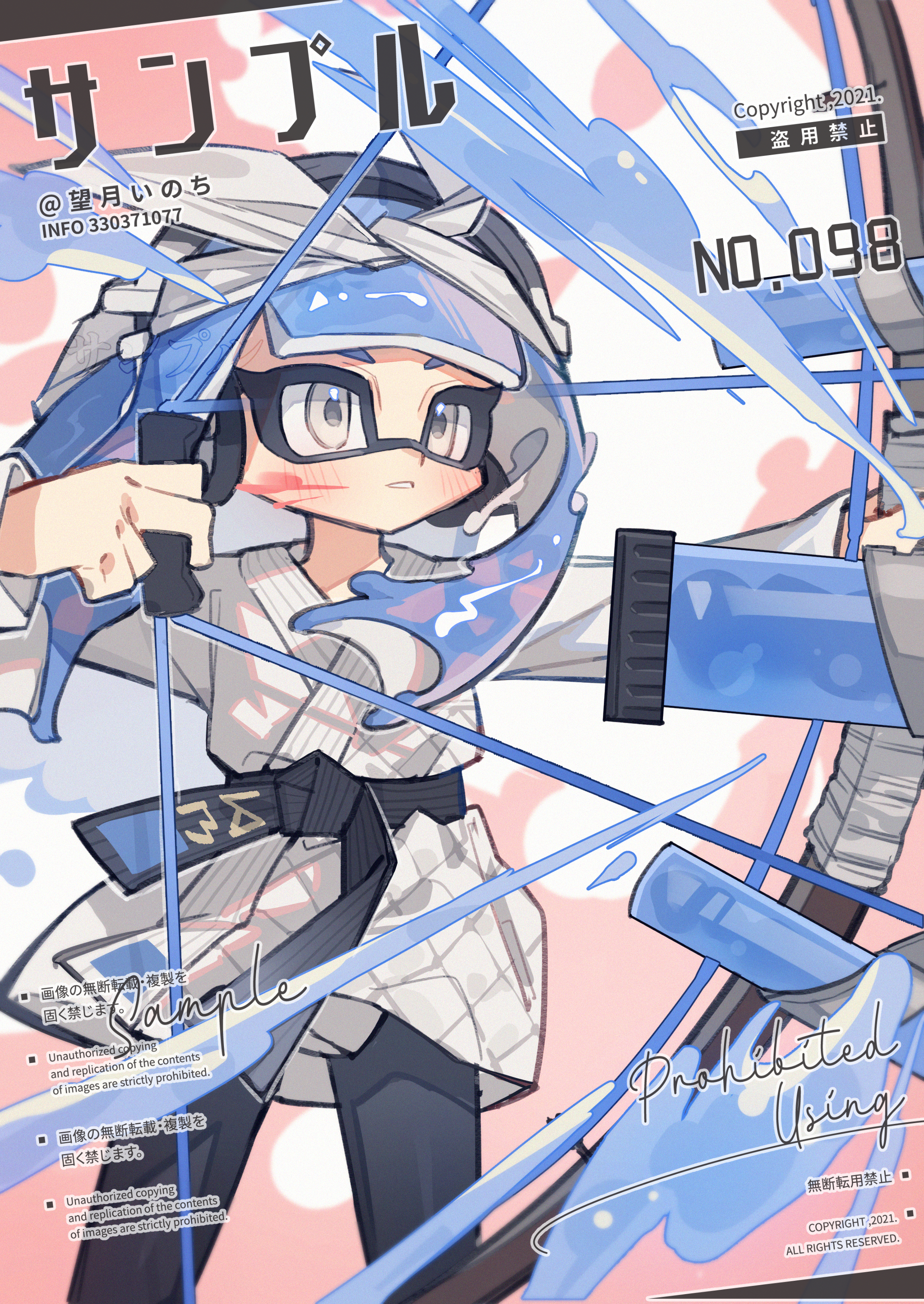 mochizuki inochi, inkling boy, inkling player character, nintendo, splatoon (series), absurdres, highres, 1boy, artist name, black pants, blue hair, blunt bangs, blush, bow (weapon), cowboy shot, grey eyes, holding, holding bow (weapon), holding weapon, inkling, japanese clothes, kimono, long sleeves, male focus, pants, parted lips, sample watermark, short hair, solo, tentacle hair, tri-stringer (splatoon), watermark, weapon, white kimono