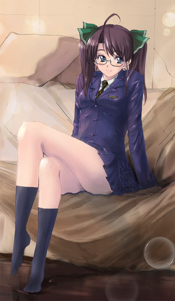 akasaai, original, bad id, bad pixiv id, 1girl, black socks, blush, brown hair, crossed legs, female focus, glasses, green eyes, legs, necktie, school uniform, sitting, skirt, socks, solo, twintails
