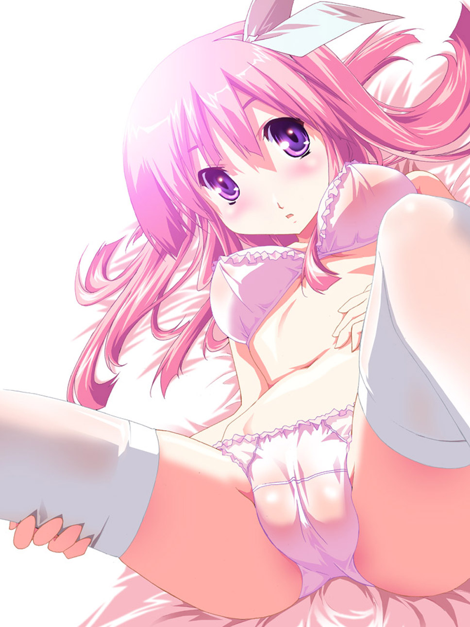 yamano sachi, original, duplicate, highres, blush, bra, cameltoe, hair ribbon, lingerie, long hair, panties, pink hair, purple hair, ribbon, solo, spread legs, thighhighs, underwear, underwear only