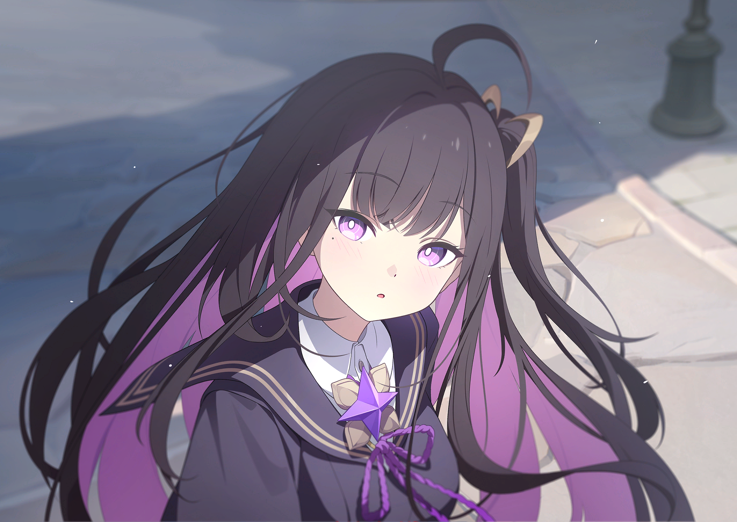 chitose (stella sora), stella sora, game cg, highres, non-web source, official art, 1girl, ahoge, black hair, black sailor collar, black shirt, breasts, collared shirt, dress shirt, large breasts, light particles, long hair, looking at viewer, mole, mole under eye, one side up, parted lips, purple eyes, purple hair, sailor collar, school uniform, serafuku, shirt, solo, upper body, very long hair, white shirt
