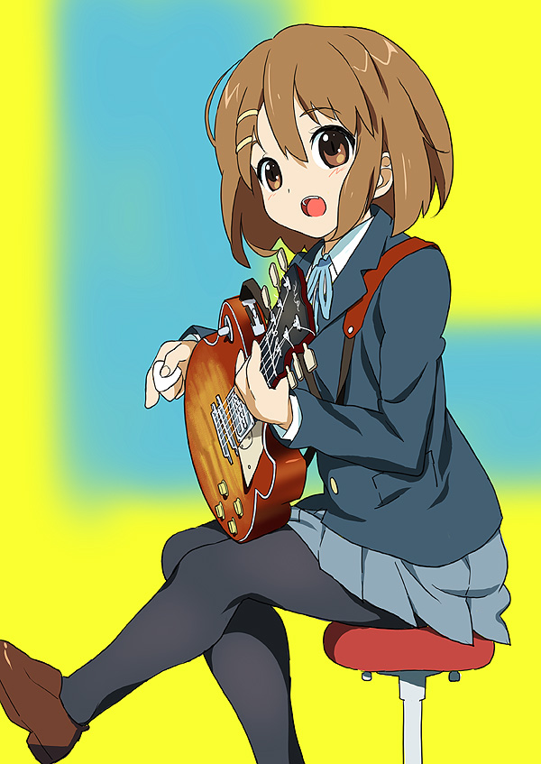 kawasaki kazuhiko, hirasawa yui, k-on!, 00s, 1girl, brown eyes, brown hair, electric guitar, female focus, gibson les paul, gradient background, guitar, instrument, pantyhose, school uniform, short hair, skirt, solo