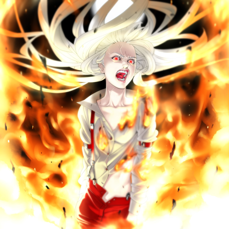 fugi jis, fujiwara no mokou, touhou, 1girl, angry, collarbone, female focus, fire, glowing, glowing eyes, long hair, open mouth, realistic, red eyes, solo, teeth, white hair