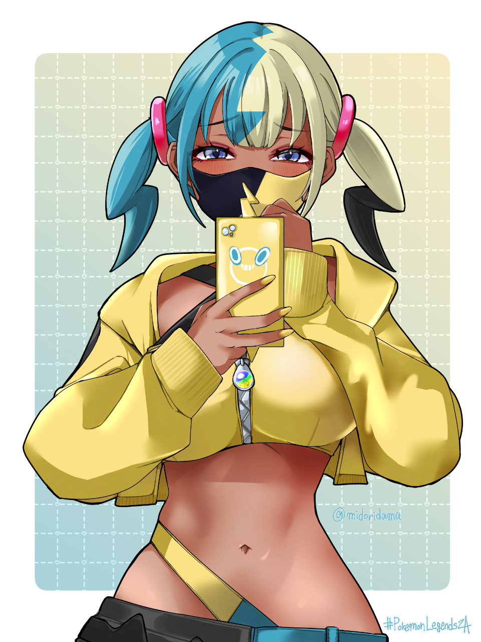 midoridama, canari (pokemon), rotom, rotom phone, nintendo, pokemon, pokemon legends: z-a, commentary, highres, 1girl, bandeau, blue eyes, border, breasts, copyright name, cropped jacket, eyelashes, gen 4 pokemon, grid background, hands up, holding, holding phone, jacket, long sleeves, looking at viewer, mask, mouth mask, multicolored hair, nail polish, navel, open clothes, open jacket, outside border, phone, raised inner eyebrows, short twintails, sleeves past wrists, stomach, strap, twintails, white border, yellow bandeau, yellow jacket, yellow nails, zipper, zipper pull tab