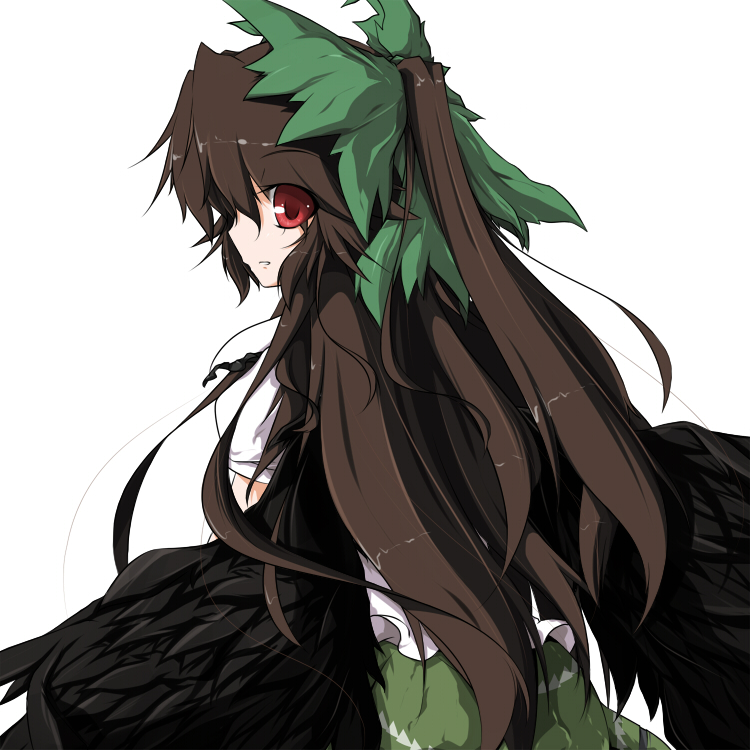 tsubaki (pixiv), tsubaki 4913, reiuji utsuho, touhou, bad id, bad pixiv id, 1girl, brown hair, female focus, red eyes, ribbon, solo, wings