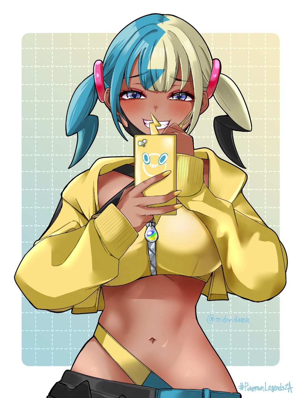 midoridama, canari (pokemon), rotom, rotom phone, nintendo, pokemon, pokemon legends: z-a, commentary, highres, 1girl, bandeau, blue eyes, border, breasts, copyright name, cropped jacket, eyelashes, gen 4 pokemon, grid background, grin, hands up, holding, holding phone, jacket, long sleeves, looking at viewer, mask, mask pull, mouth mask, multicolored hair, nail polish, navel, open clothes, open jacket, outside border, phone, raised inner eyebrows, short twintails, sleeves past wrists, smile, stomach, strap, teeth, twintails, white border, yellow bandeau, yellow jacket, yellow nails, zipper, zipper pull tab