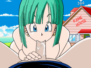 bulma, dragon ball, dragonball z, animated, animated gif, artist request, lowres, 1boy, 1girl, blue eyes, fellatio, hetero, looking at viewer, oral, penis, pov, uncensored